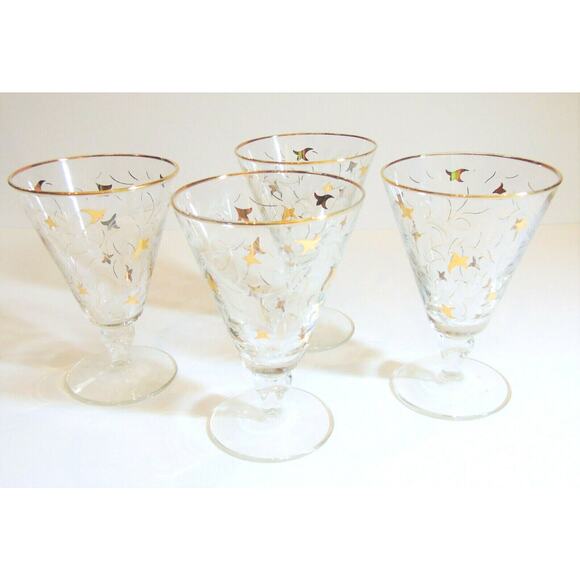 VTG Mid-Century Libbey Royal Fern Set (4) WINE / WATER GLASS Stem 3004 Gold Leaf - Picture 4 of 6